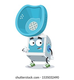 cartoon scared medical nebulizer steam inhaler mascot in sneakers on a white background
