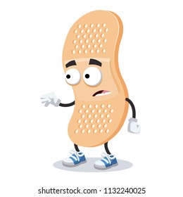 cartoon scared medical plaster bandage mascot in sneakers on a white background
