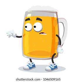 cartoon scared mug of beer mascot in sneakers on a white background