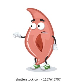 cartoon scared muscle cell mascot in sneakers on a white background