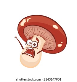 Cartoon scared mushroom fly agaric vector illustration. Funny character with hands up, big eyes and mouth open wide. Fly red mushroom, white buttons print Toxic fairy symbol children colouring book