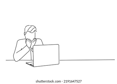 Cartoon Of Scared Or Nervous Businessman Sitting In Cafe Working Online And Nail Biting Himself. Outline Drawing Style Art
