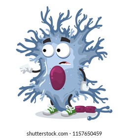 cartoon scared neuron cell mascot in sneakers on a white background