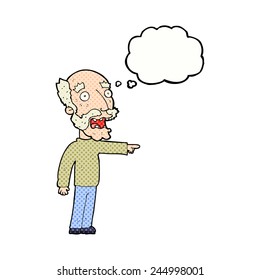 cartoon scared old man pointing with thought bubble