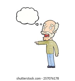cartoon scared old man pointing with thought bubble