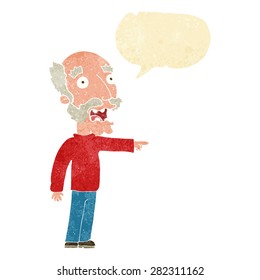 cartoon scared old man pointing with speech bubble
