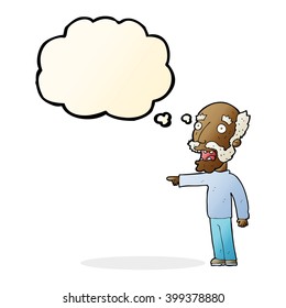 cartoon scared old man pointing with thought bubble