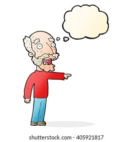 caricatura de un anciano asustado apuntando con burbuja de pensamiento