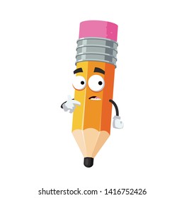 cartoon scared pencil with rubber eraser mascot in sneakers on a white background