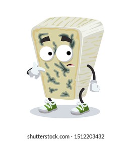 cartoon scared piece of soft blue cheese mascot in sneakers on a white background