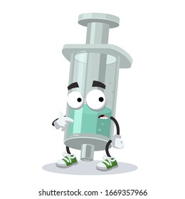 cartoon scared plastic medical syringe mascot in sneakers on a white background