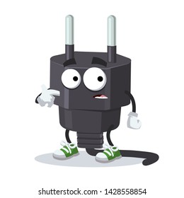 cartoon scared power plug type C mascot in sneakers on a white background