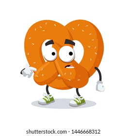 cartoon scared pretzel with sesame seeds mascot in sneakers on a white background
