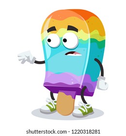 cartoon scared rainbow colors ice cream on a stick mascot in sneakers on a white background