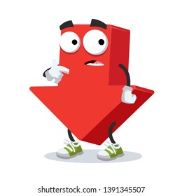 cartoon scared red arrow Down mascot in sneakers on a white background