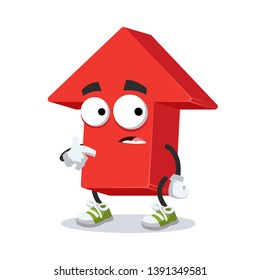 cartoon scared red arrow Up mascot in sneakers on a white background