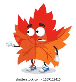 cartoon scared red autumn maple leaf mascot in sneakers on a white background