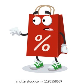 cartoon scared red paper bag with percent symbol mascot in sneakers on a white background