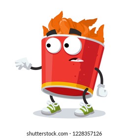 cartoon scared red paper bucket with fried chicken wings mascot in sneakers on a white background