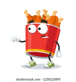 cartoon scared red paper bucket with fried chicken legs mascot in sneakers on a white background