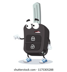 cartoon scared remote ignition car key mascot in sneakers on a white background