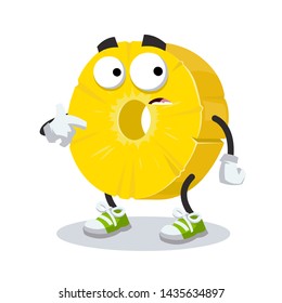 cartoon scared ring of canned pineapple mascot in sneakers on a white background