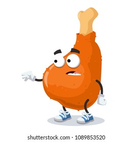 cartoon scared roast chicken leg mascot in sneakers on a white background