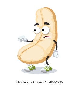 cartoon scared roasted cashew nut kernel mascot in sneakers on a white background