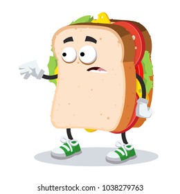 cartoon scared sandwich mascot in sneakers on a white background