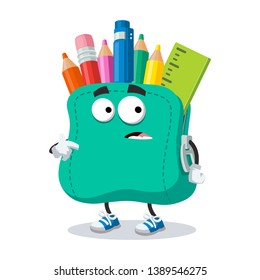 cartoon scared school soft pencil case mascot in sneakers on a white background