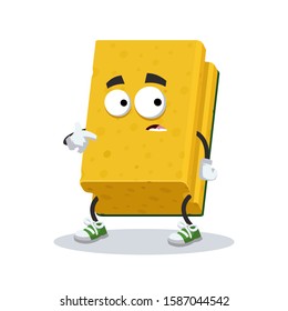 cartoon scared sponge for washing dishes mascot in sneakers on a white background