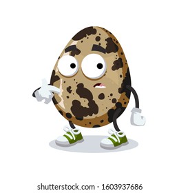 cartoon scared spotted quail egg mascot in sneakers on a white background