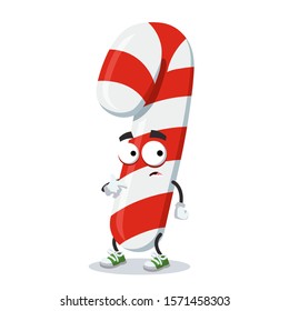 cartoon scared striped christmas candy cane mascot in sneakers on a white background