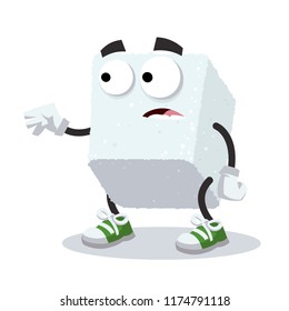 cartoon scared sugar cube mascot on a white background
