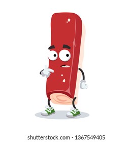 cartoon scared surimi or crab stick mascot in sneakers on a white background