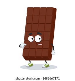 cartoon scared sweet milk chocolate bar mascot in sneakers on a white background