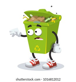 cartoon scared trash can mascot in sneakers on a white background