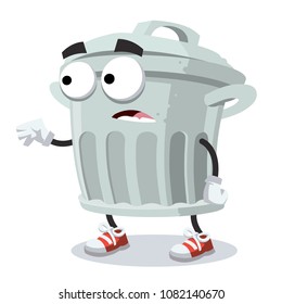cartoon scared trash can mascot in sneakers on a white background