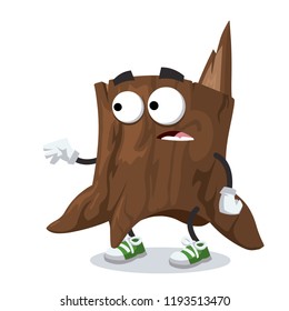 cartoon scared tree stump mascot in sneakers on a white background
