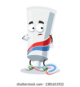 cartoon scared tube of toothpaste with squeezed striped dentifrice mascot in sneakers on a white background