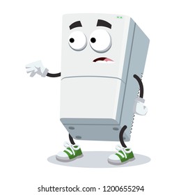 cartoon scared two compartment refrigerator mascot in sneakers on a white background