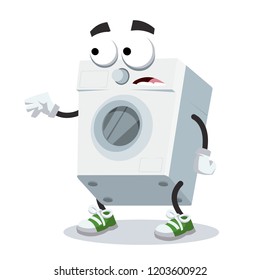 cartoon scared washing machine mascot in sneakers on a white background