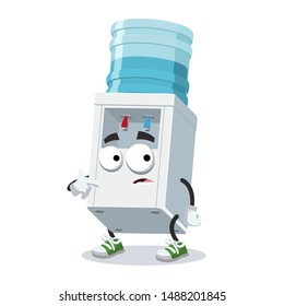 cartoon scared water cooler with bottle mascot in sneakers on a white background