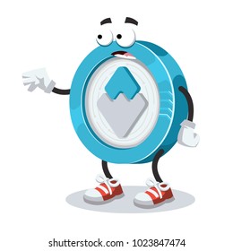cartoon scared waves coin mascot in sneakers on a white background