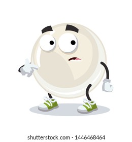 cartoon scared white natural oyster pearl mascot in sneakers on a white background