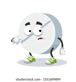 cartoon scared white round medical pill mascot in sneakers on a white background