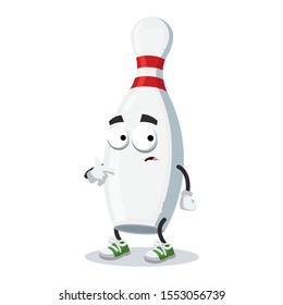 cartoon scared white wooden bowling pin mascot in sneakers on a white background