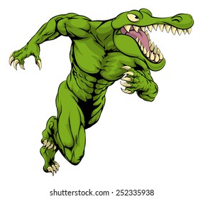 A cartoon scary alligator or crocodile mascot sprinting or charging