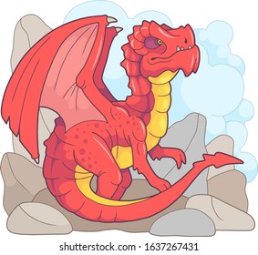 cartoon scary carnivorous dragon went hunting, funny illustration