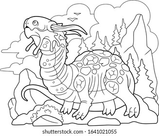 cartoon scary carnivorous dragon went hunting, funny illustration